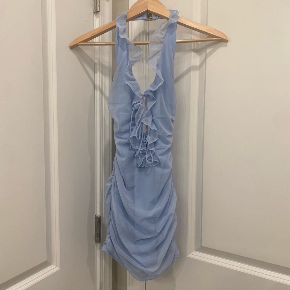 Oh Polly Blue Lace Up Ruffle Mini Dress